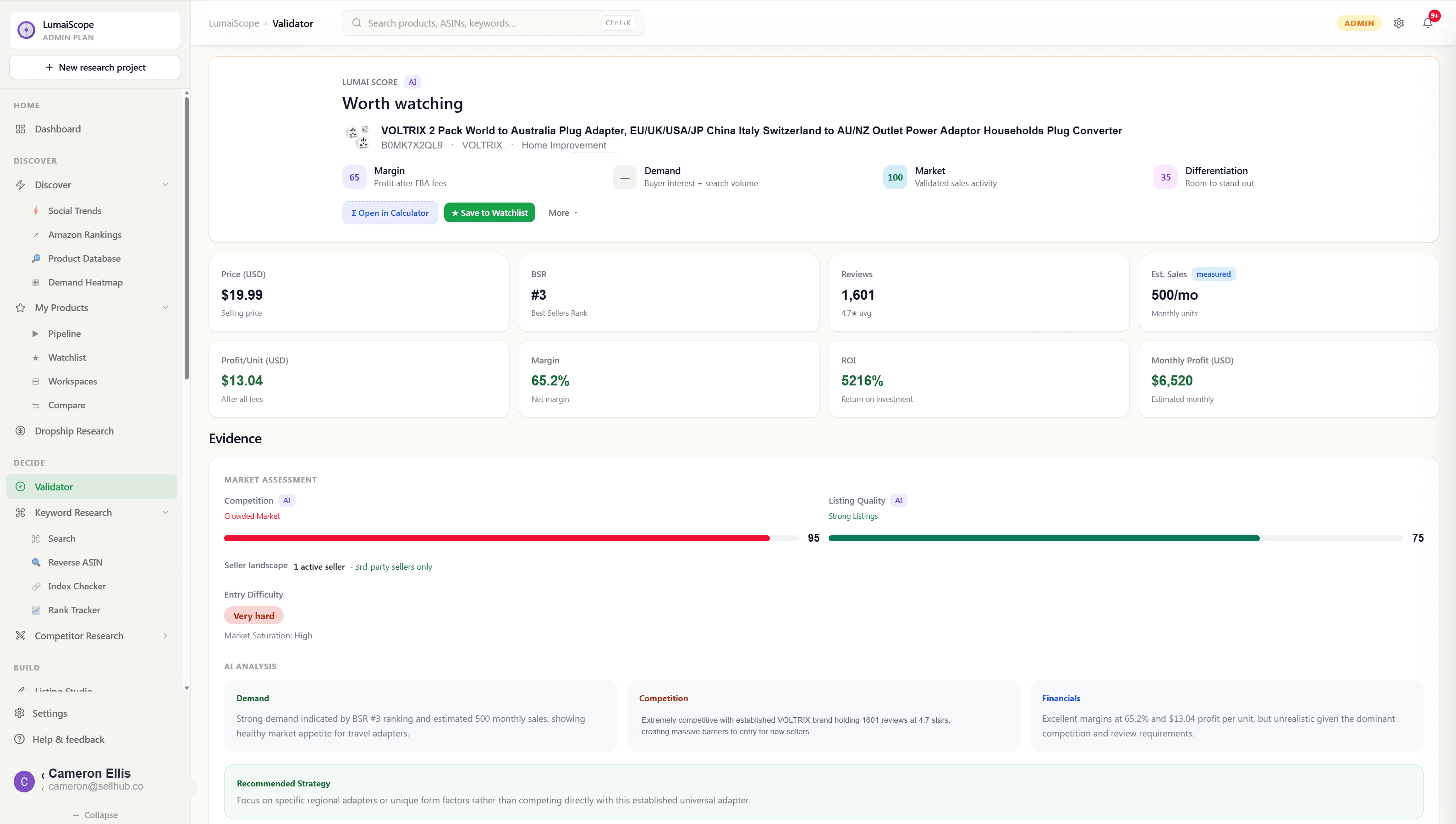 LumaiScope Validator — Lumai Score verdict with price, BSR, reviews, margin, ROI and a plain-English AI analysis for a sample product